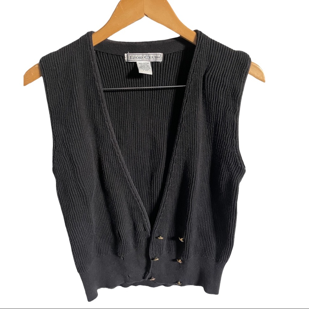 VTG Izod Club Black Sleeveless Sweater Vest 6 Gold Color buttons Size Medium